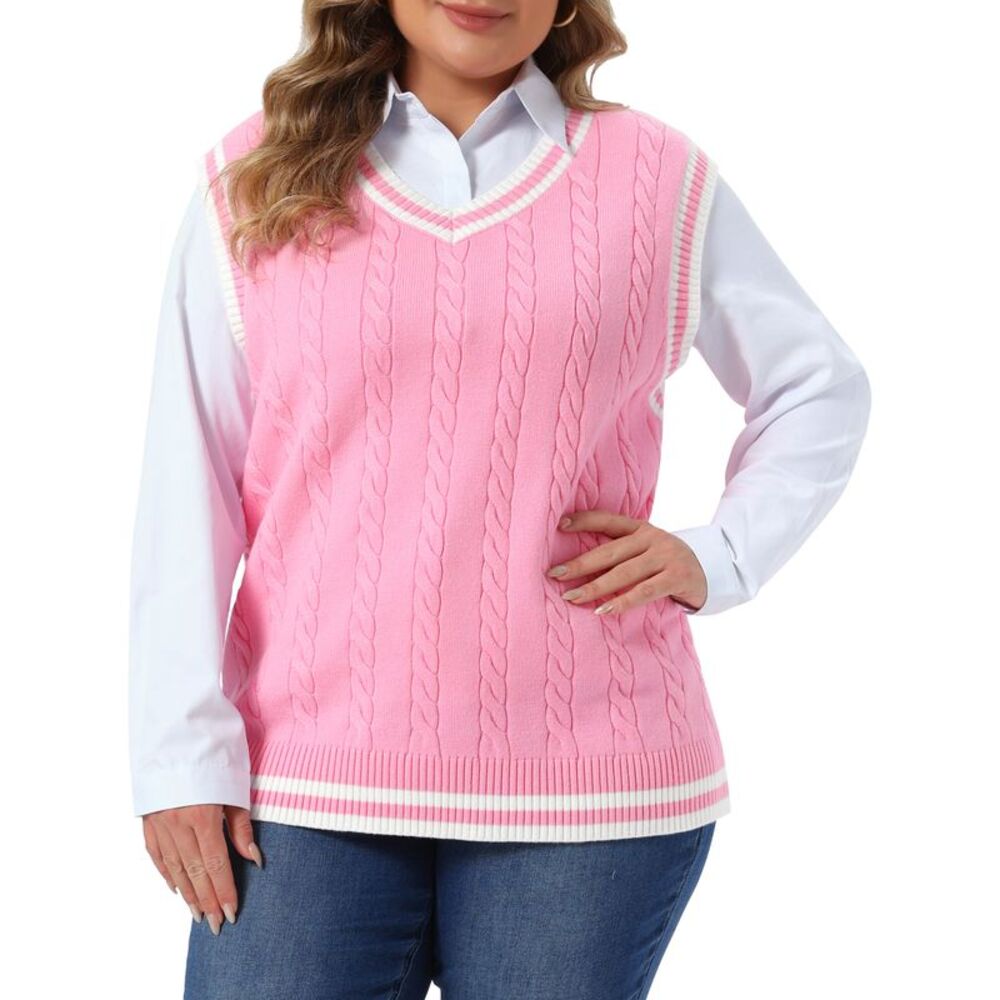 Women Plus Size V Neck Sleeveless Preppy Style Sweater Vest Pink